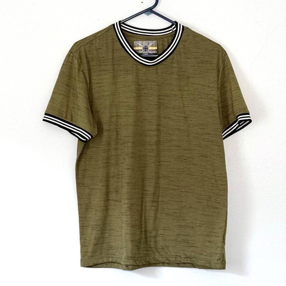 Five 1 T Shirt Medium Olive Green V Neck Black White Trim Short Sleeve Sporty